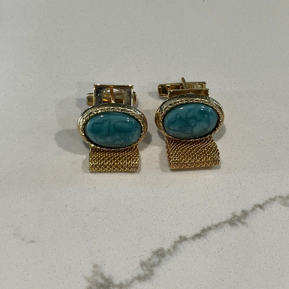 Embassy Aqua Art Glass Cabochon Gold Tone Mesh Cufflinks Turquoise